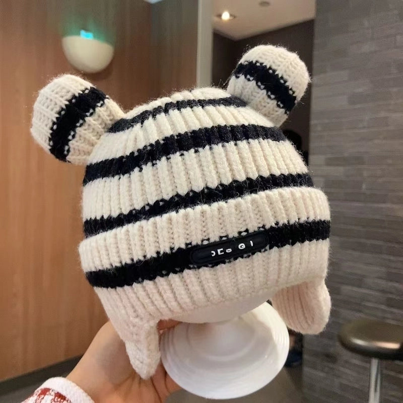Baby Hat Autumn And Winter Korean Style Baby Hat Striped Cute Bear Hat Wool Hat Boys And Girls Hat