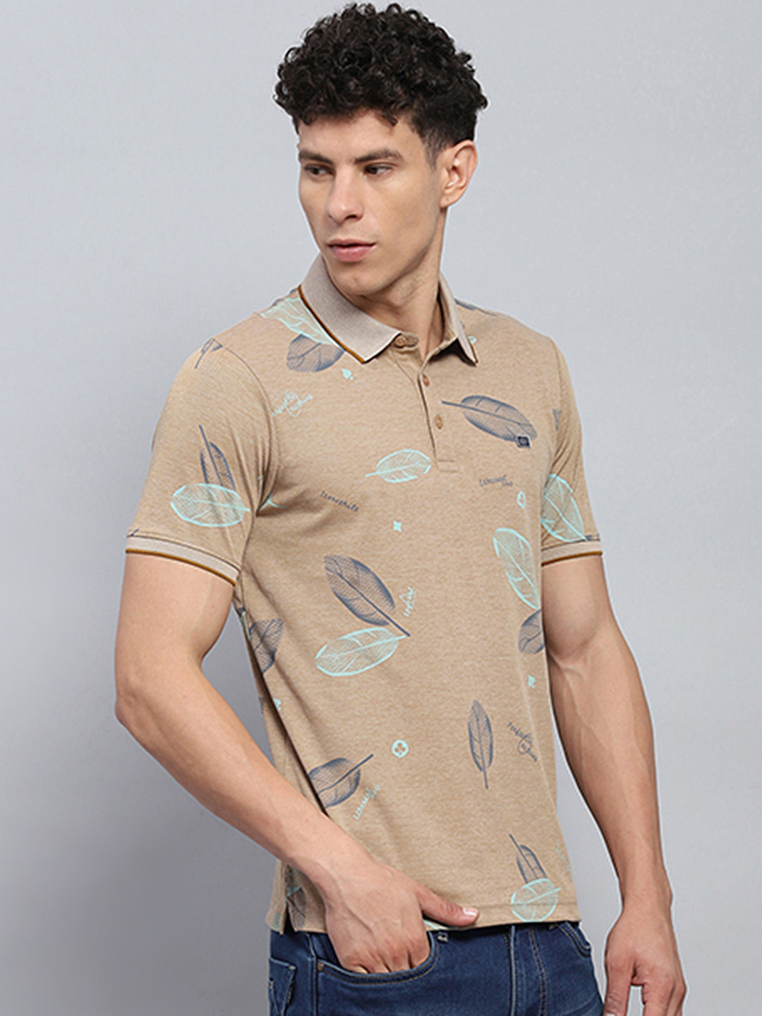 Men Beige Printed Collar Half Sleeve T-Shirt