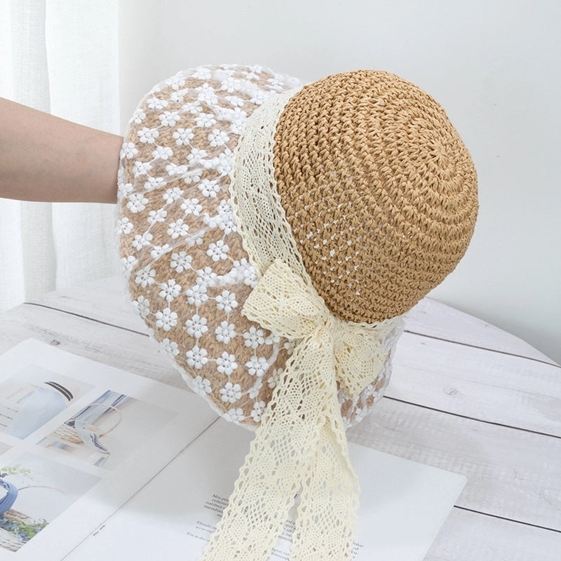 Women's Sweet Pastoral Bow Knot Wide Eaves Straw Hat