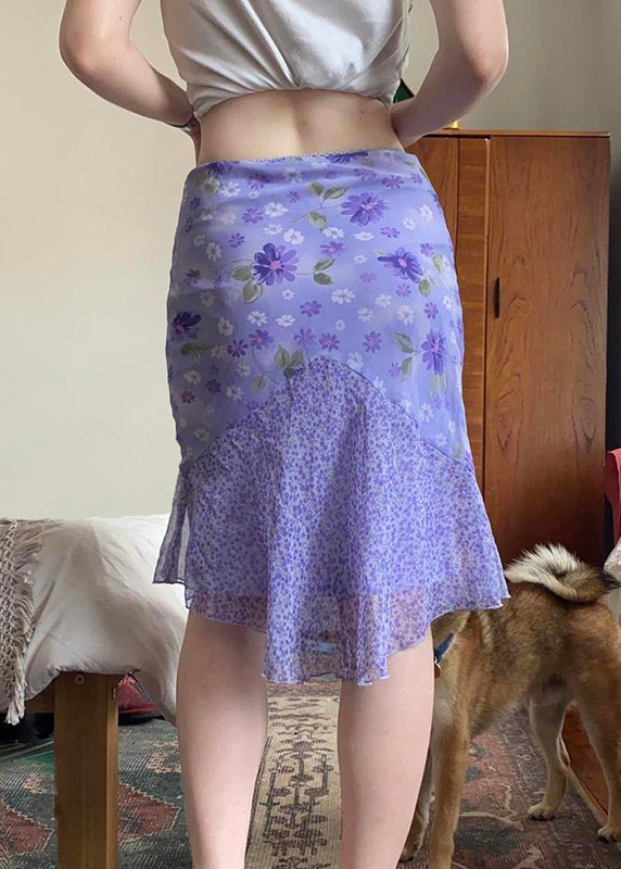 Elegant Purple Zippered Print Patchwork Chiffon Skirt Summer