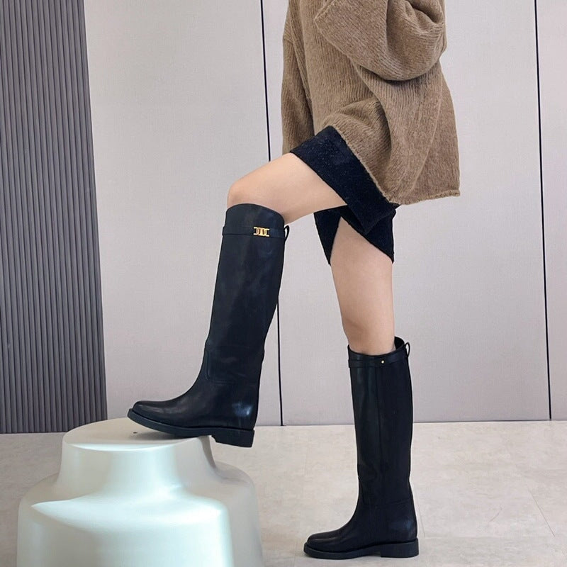 Riding Boots for Women In Cowhide Leather Round Toe Knee High Boots With Large Tube