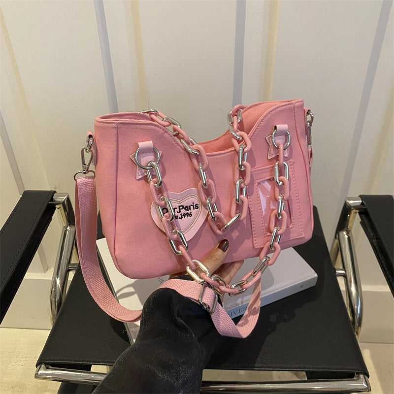 3 Pieces Women'S Canvas Letter Color Block Heart Shape Streetwear Chain Square Zipper Shoulder Bag Crossbody Bag