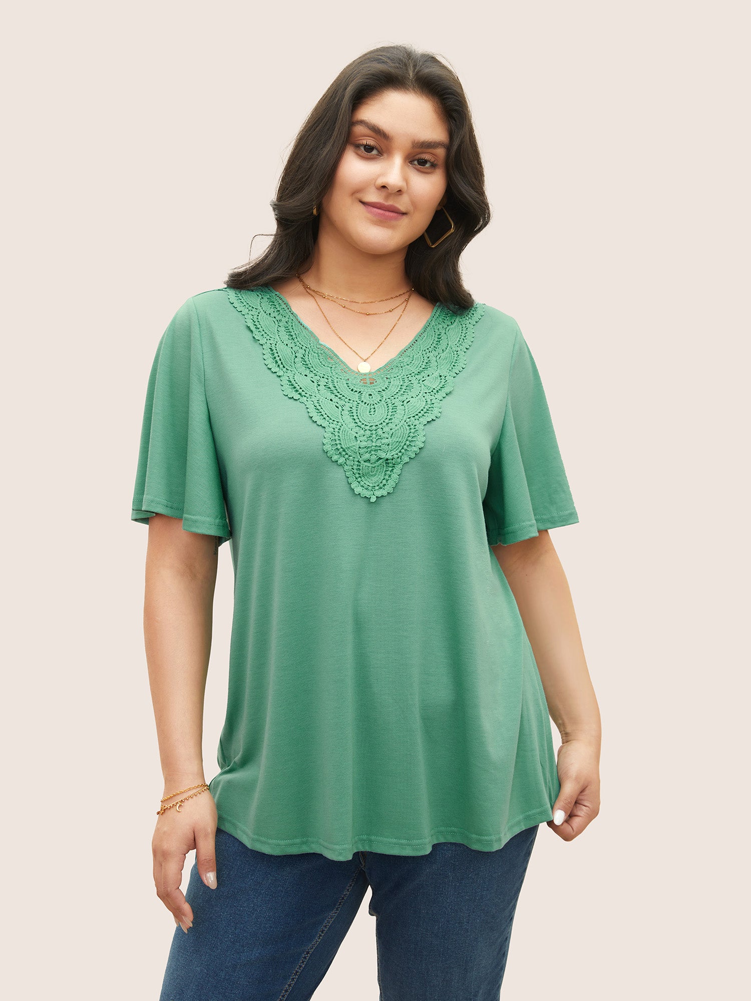 Solid Ruffle Sleeve Lace V Neck T-shirt
