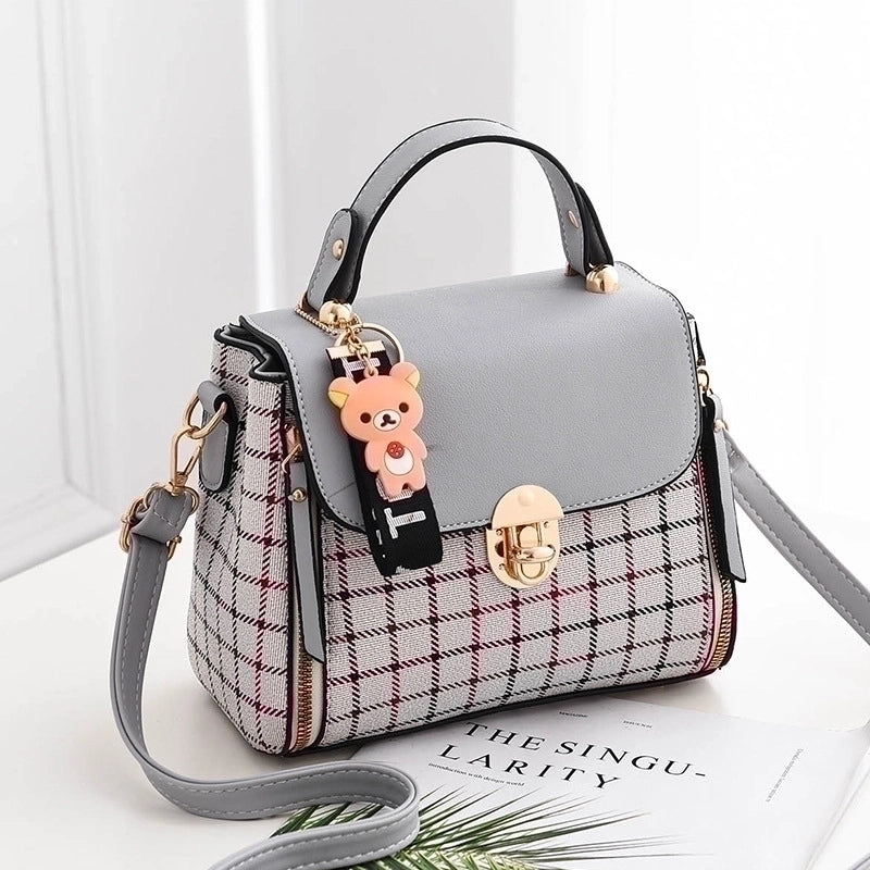 Women's Medium Pu Leather Plaid Cute Ornament Square Flip Cover Crossbody Bag