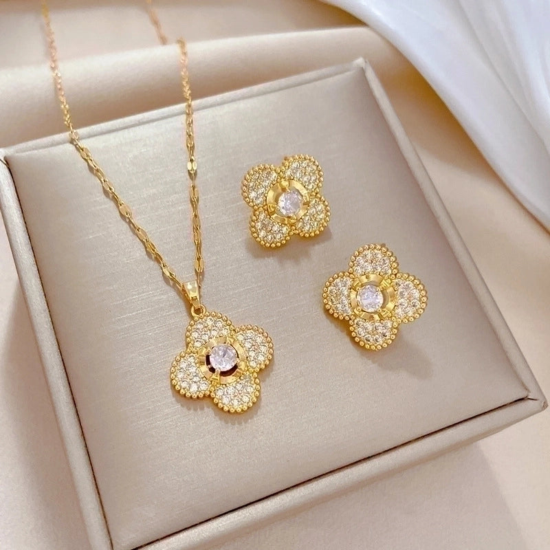 Copper Minimalist Plating Inlay Rhombus Bow Knot Zircon Jewelry Set