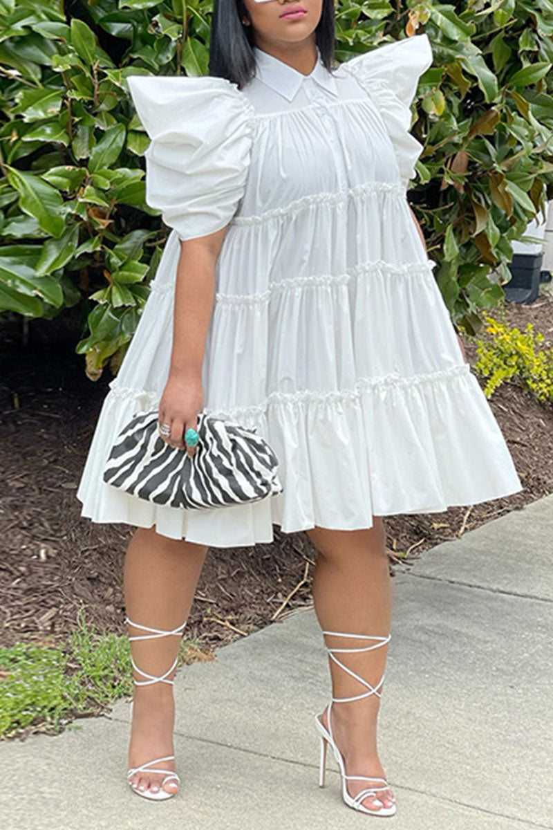 Casual Solid Patchwork Buckle Fold Turndown Collar A Line Dresses