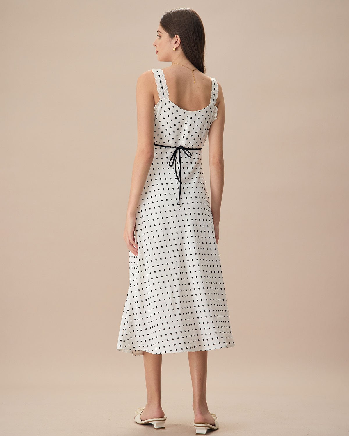 The White V-Neck Polka Dot Lace Trim Midi Dress