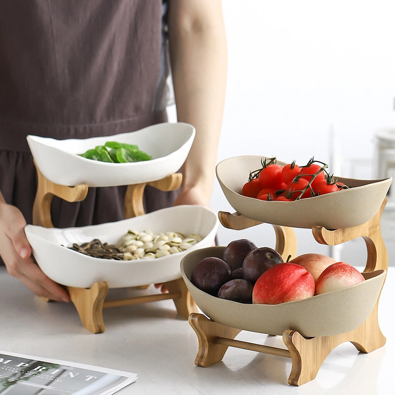 Creative Double-layer Multi-layer Fruit Plate European-style Ceramic Dried Fruit Plate Bamboo Rack Household Sushi Plate Direct Fruit Basket