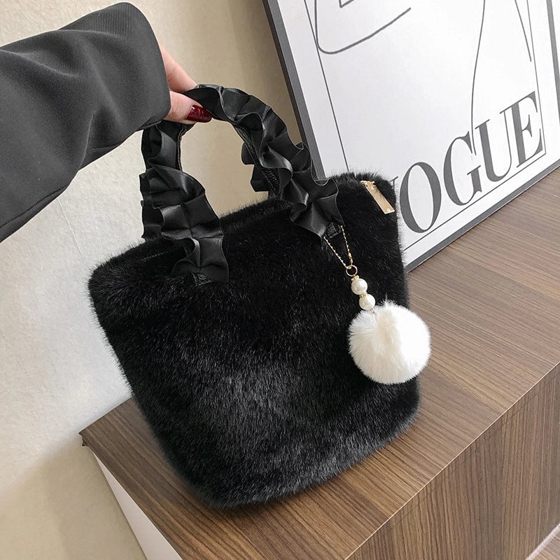 Women's Small Autumn&winter Plush Solid Color Basic Fluff Ball Bucket Zipper Bucket Bag