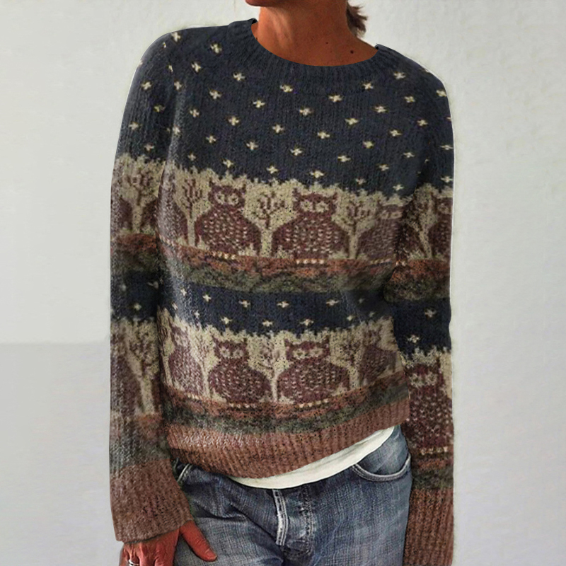 Owl Vintage Contrast Jacquard Crew Neck Sweater