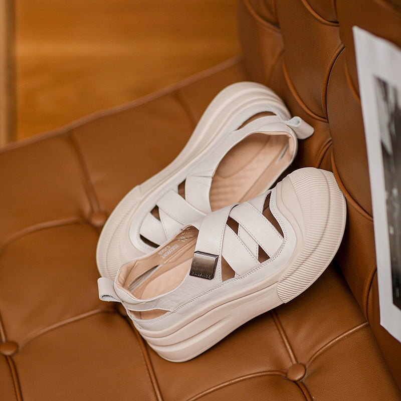 Platform Hollow-Out Low-top Roman Sandals Cow Leather Fisherman Shoes in Beige/Yellow/Green