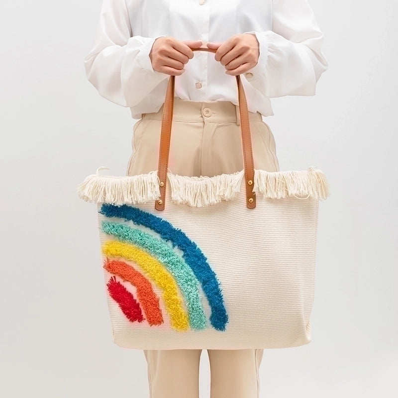 Women's Large Canvas Rainbow Basic Magnetic Buckle Tote Bag