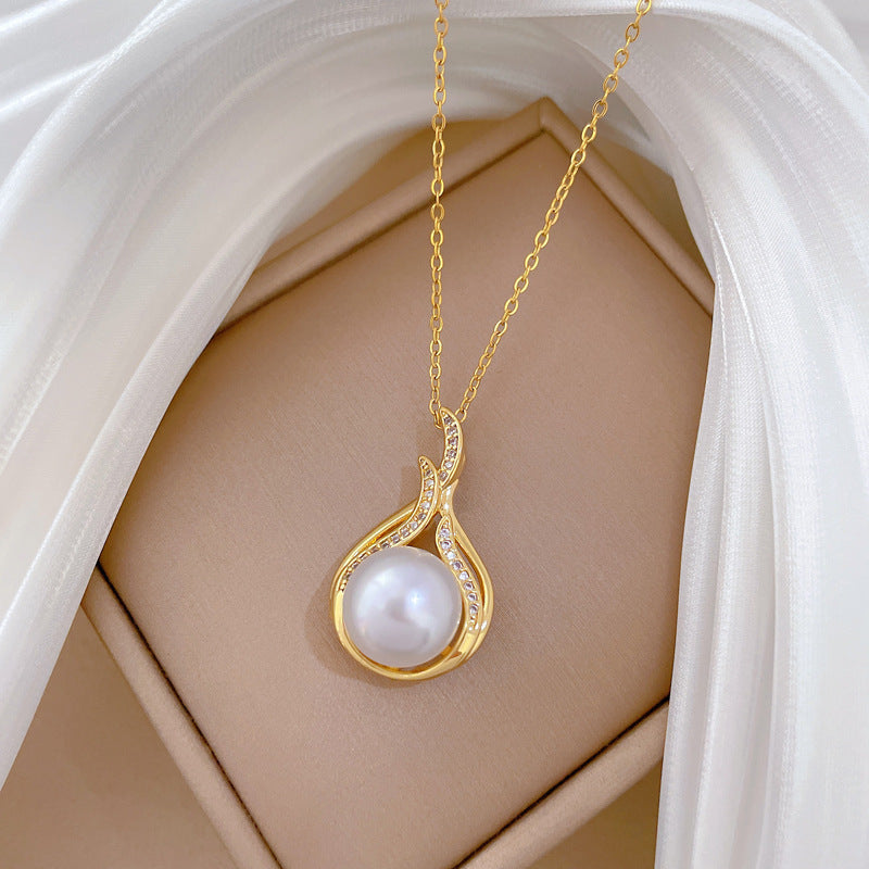 Fishtail Pearl Full Diamond Fashion Gorgeous Full Diamond Necklace Female Versatile Clavicle Chain Titanium Steel