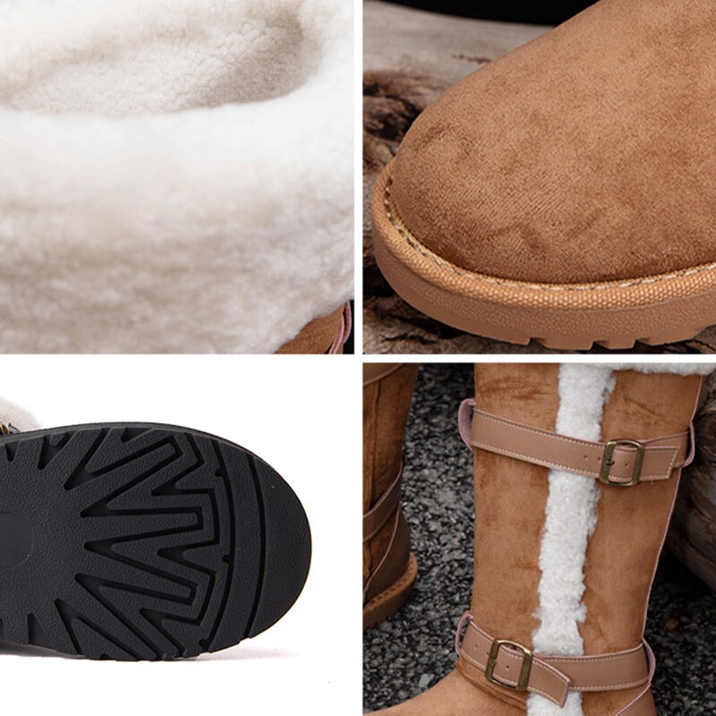 Foldable Suede Leather Knee High Snow Boots with Double Buckles in Brown/Black