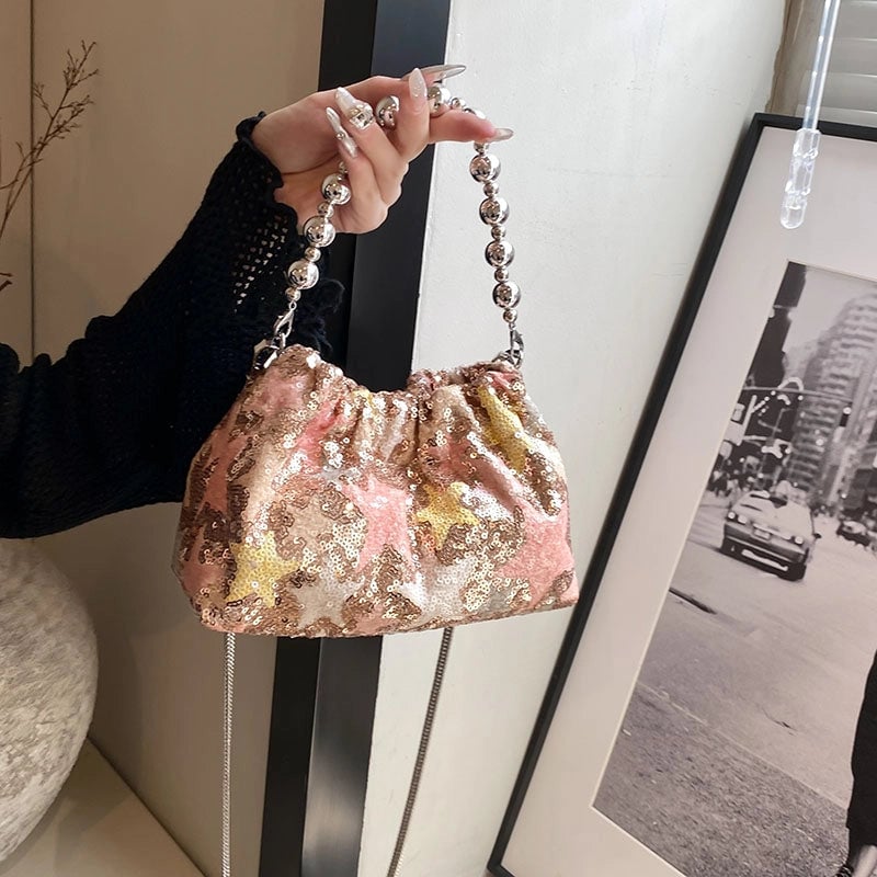 Women's Medium Pu Leather Flower Classic Style Sequins Bucket Magnetic Buckle Crossbody Bag
