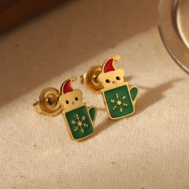 1 Pair Christmas Sweet Minimalist Christmas Tree Santa Claus Enamel 304 Stainless Steel 14K Gold Plated Ear Studs