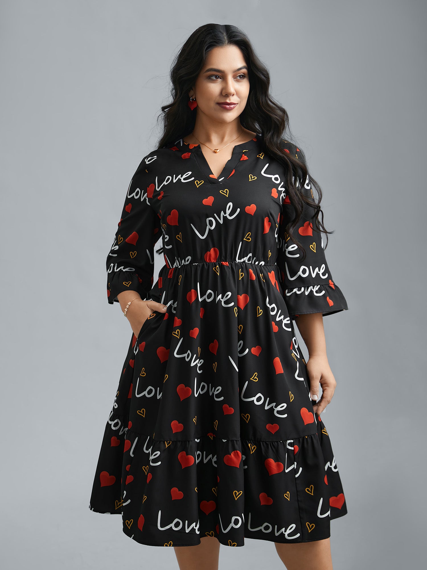 Notched Collar Heart Print Tiered Midi Dress