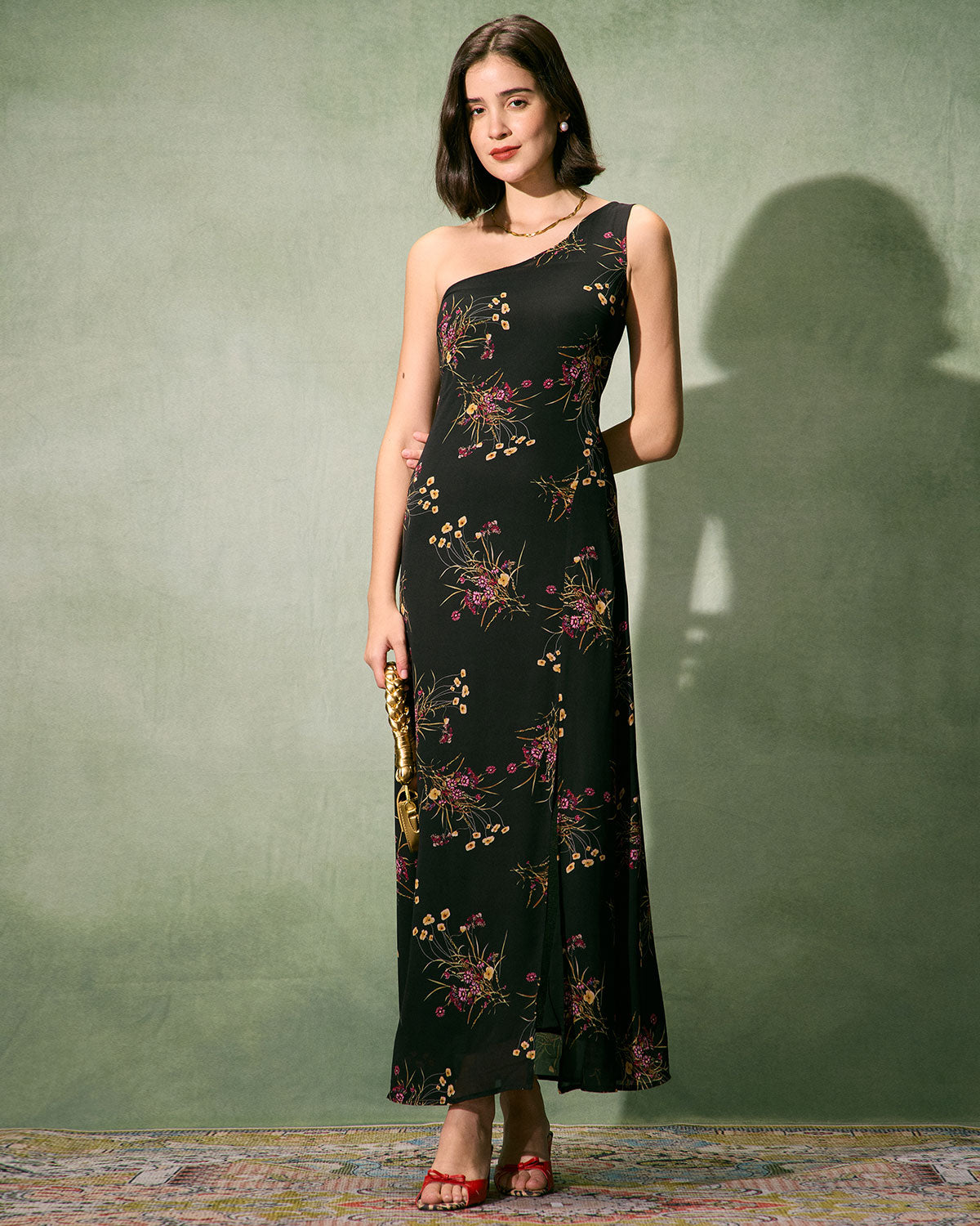 The Black One-Shoulder Floral Slit Maxi Dress