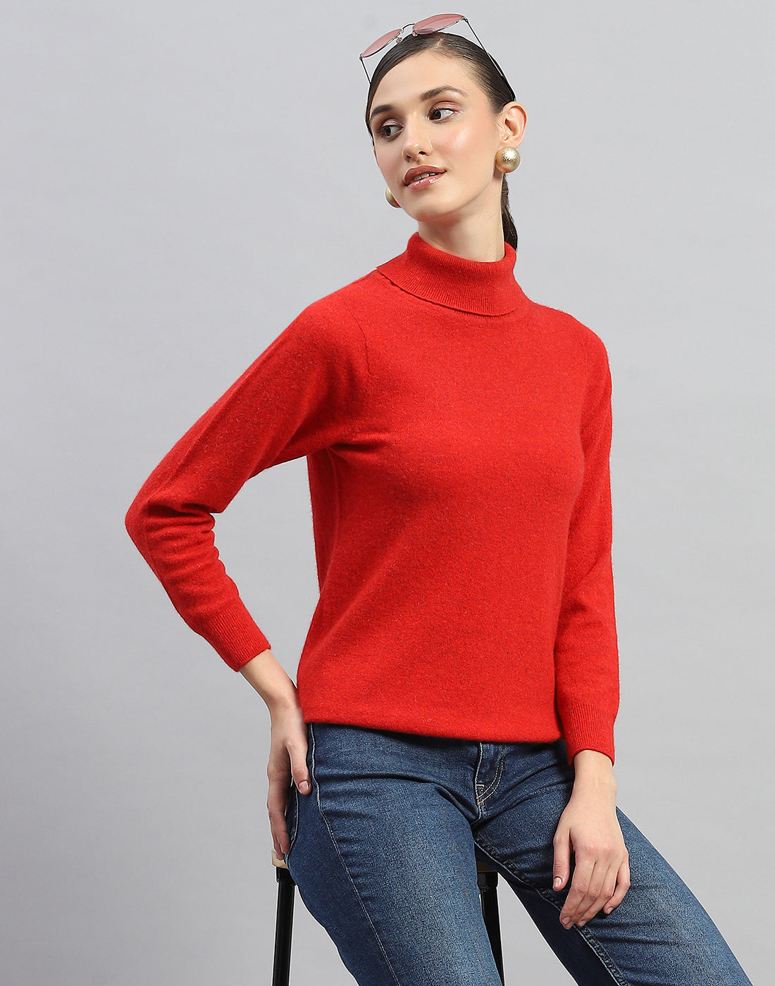 Women Red Solid Turtle Neck Full Sleeve Winter Top