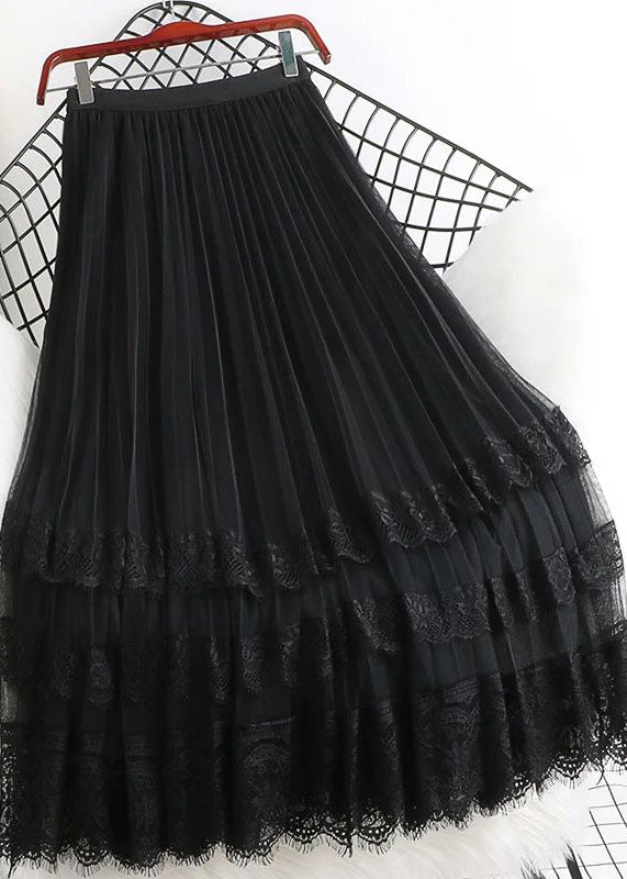 Fashion Brown High Waist Tulle Maxi Skirts Woman Mesh Lace Patchwork