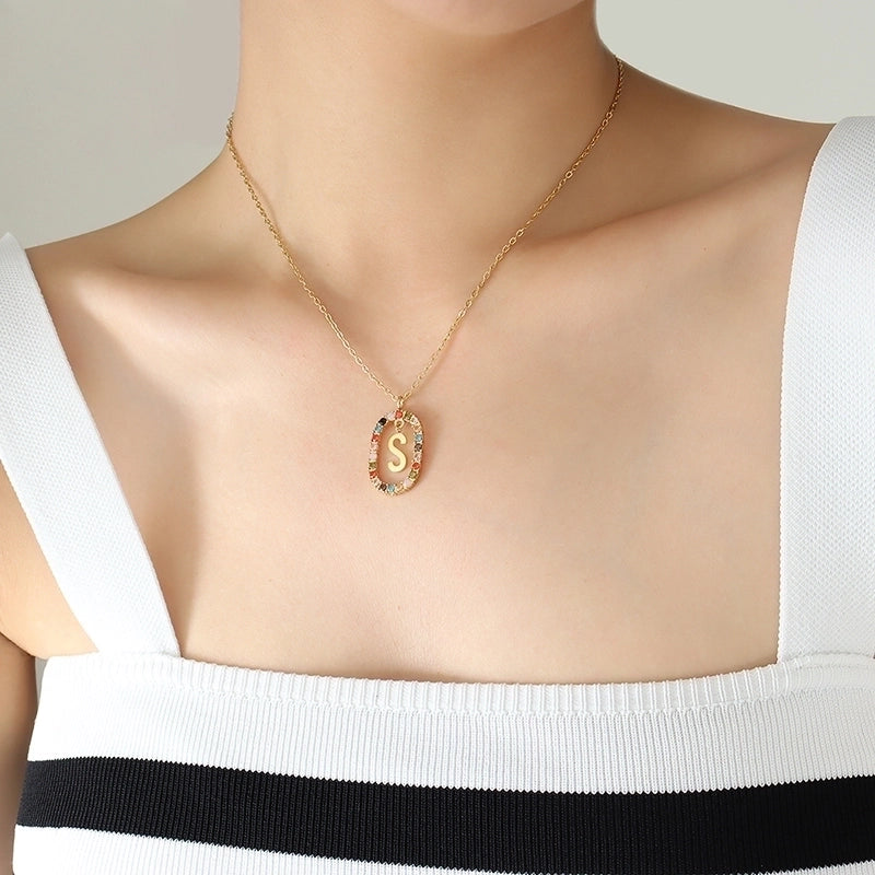 INS Style Letter Oval Titanium Steel Zircon 18K Gold Plated Inlay Necklace