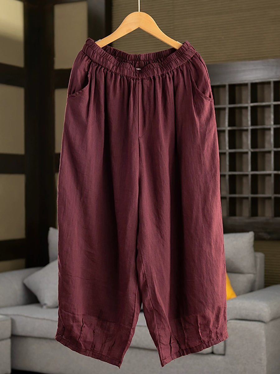 Women Summer Retro Pure Color 100%Ramie Bloomers