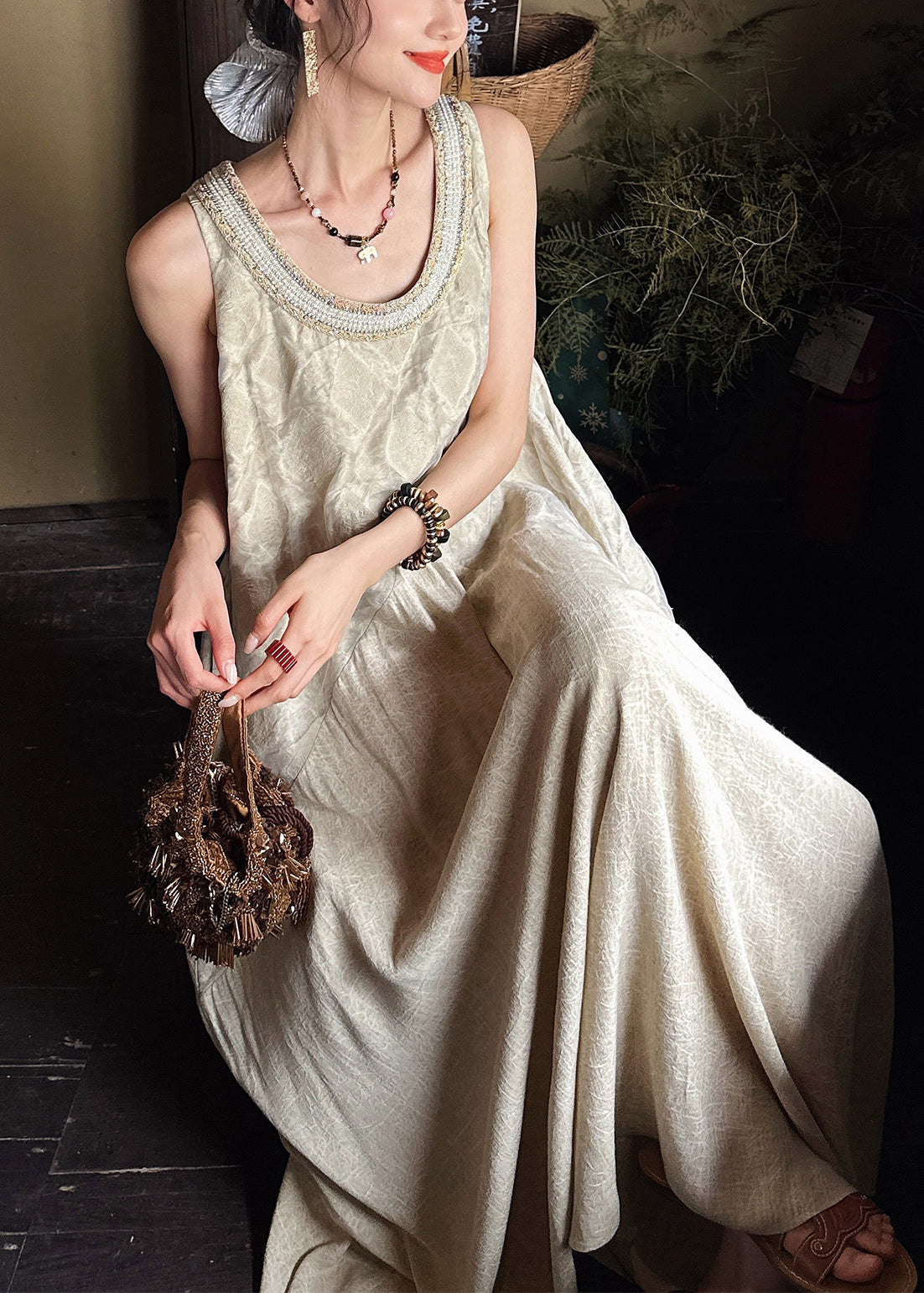 French Apricot O Neck Pockets Patchwork Cotton Long Dress Sleeveless