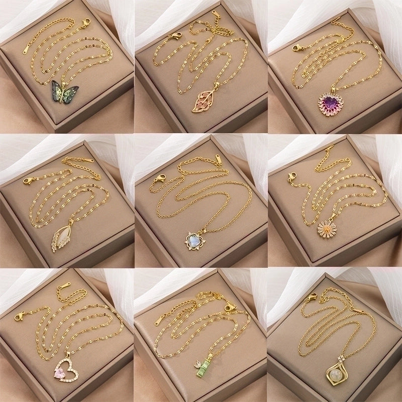 3 Pieces Lady Heart Shape Flower Titanium Steel Plating Inlay Zircon Gold Plated Pendant Necklace