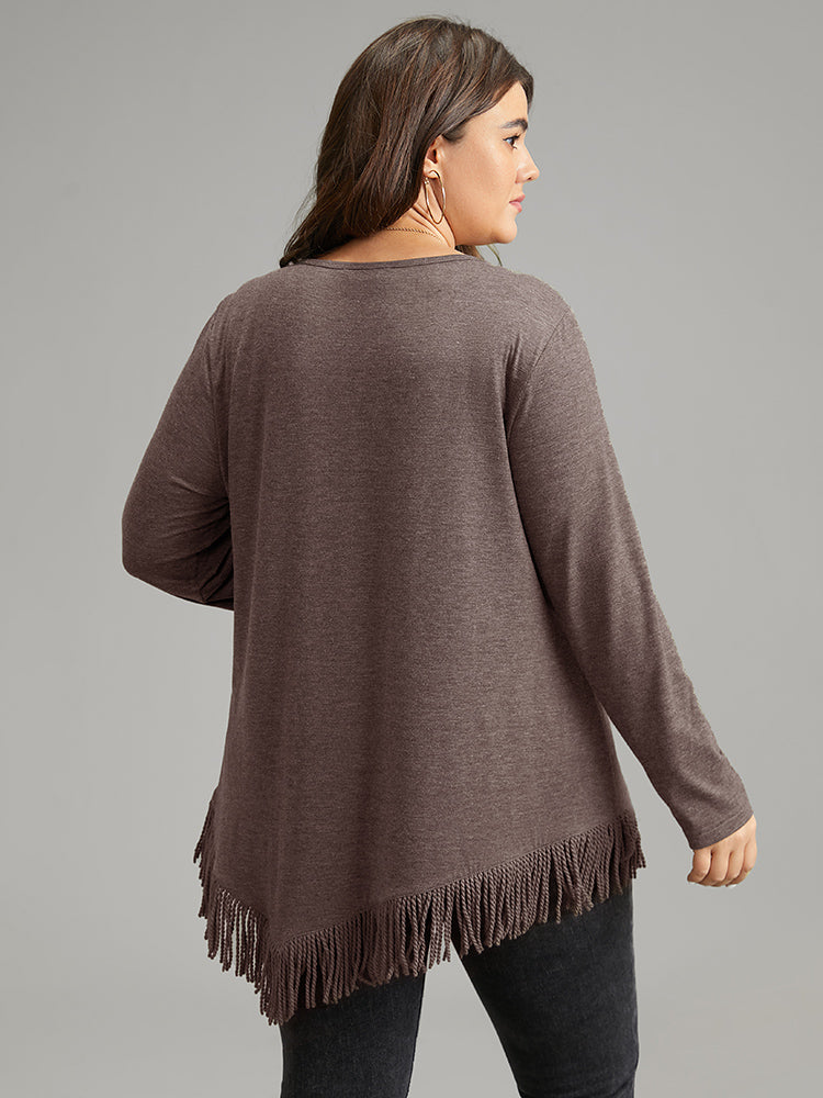 Plain Tassels Trim Hem Long Sleeve T-shirt