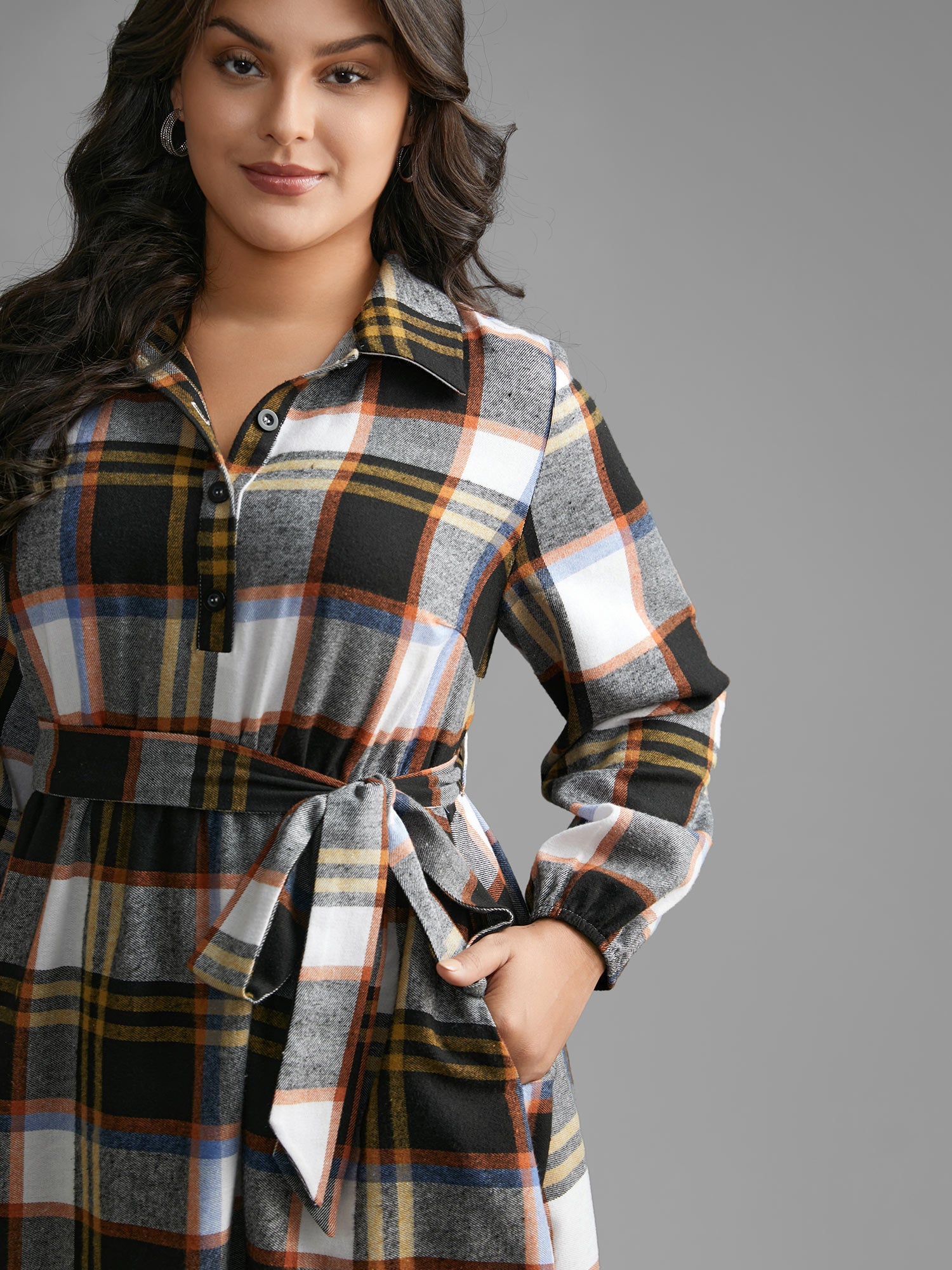 Plaid Button Up Belted Knit Dress