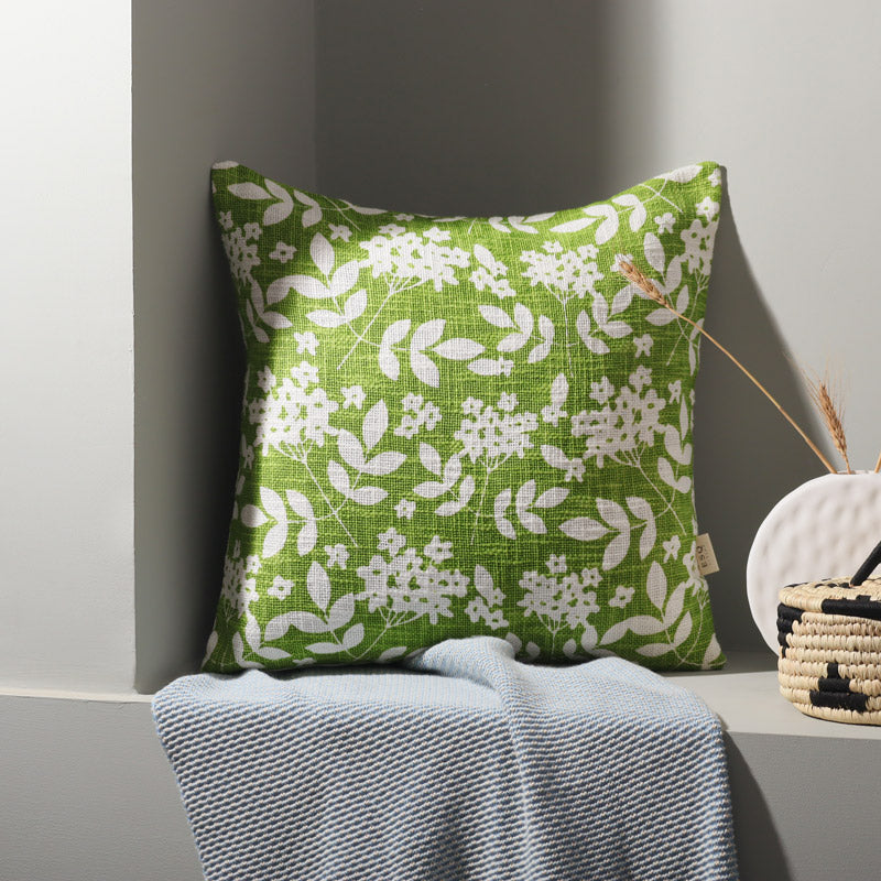 Magnolia Printed Cotton Cushion Cover - Green White