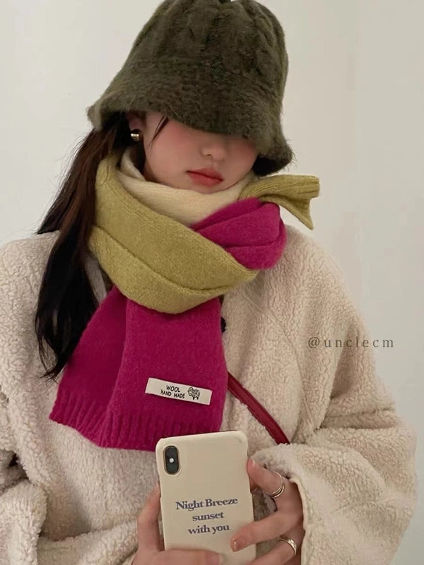 New Autumn And Winter Style Contrast Color Scarf Female Neck Protection Korean Cute Student Warm Knitted Scarf Male