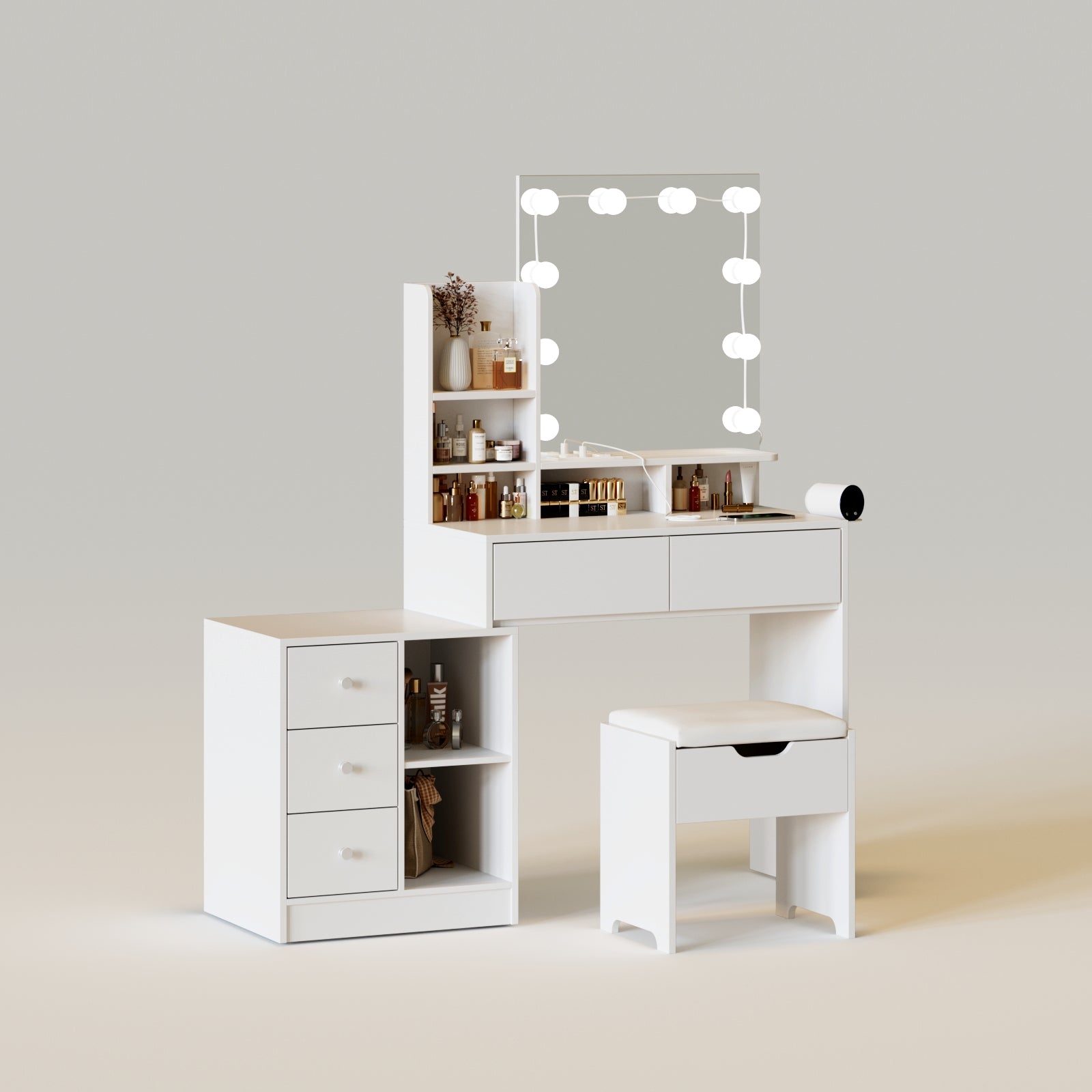 Functional White Vanity Table with 5 Drawers and Lots Storage Shelves for Women Girls