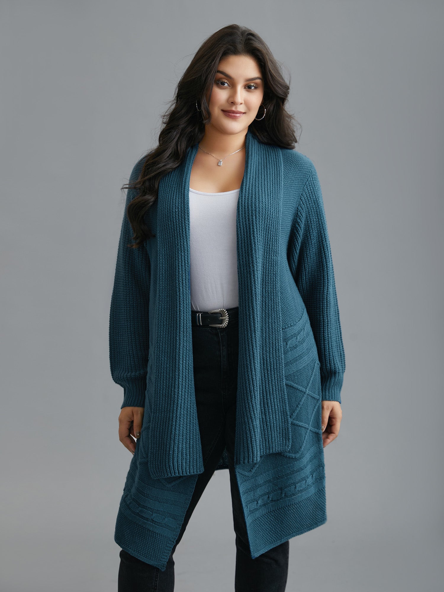 Cable Knit Asymmetrical Hem Open-Front Cardigan