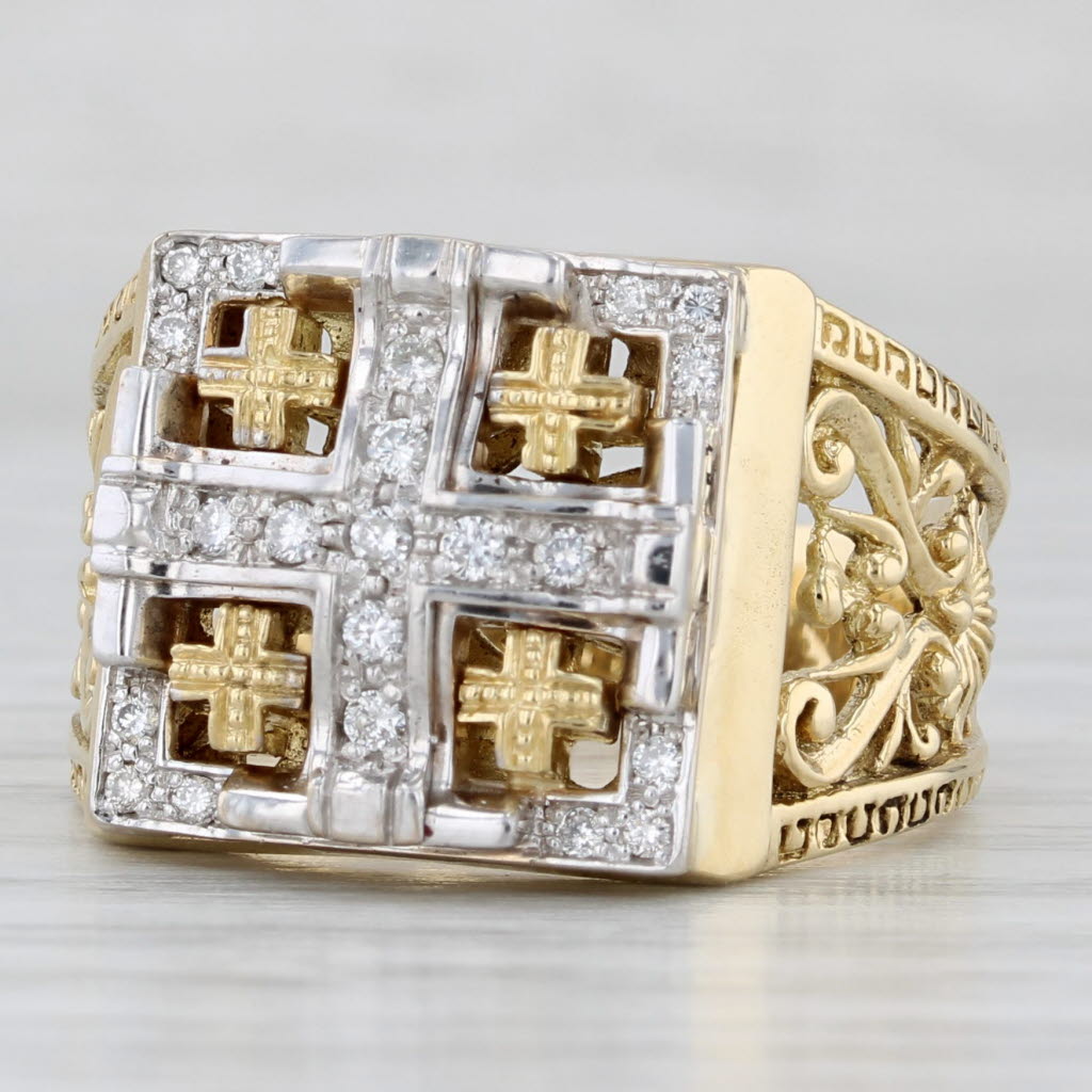 0.20ctw Diamond Jerusalem Cross Ornate Ring 18k White Yellow Gold Size 11