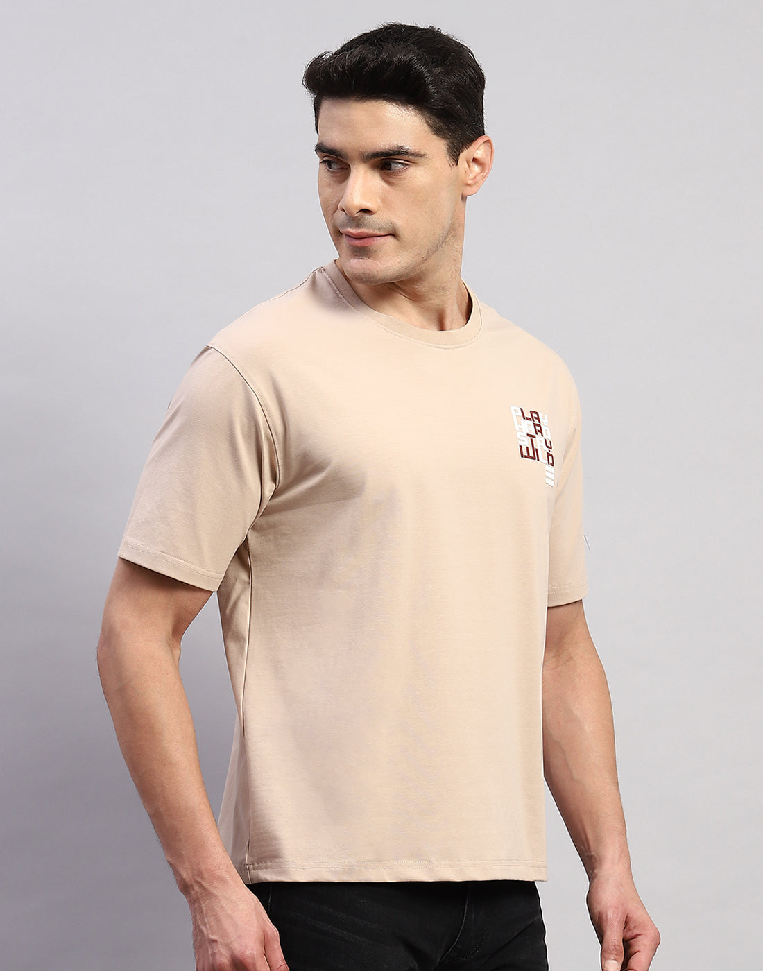 Men Beige Printed Round Neck Half Sleeve T-Shirt