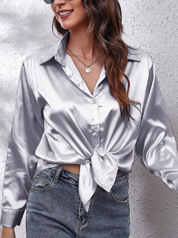 Long Sleeves Loose Solid Color Lapel Blouses