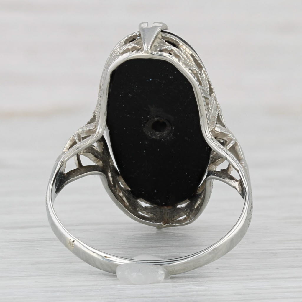 Vintage Onyx Diamond Filigree Ring 14k White Gold Size 5.25