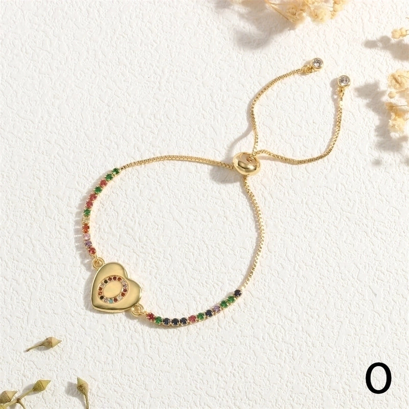 Copper 18K Gold Plated Elegant Romantic Sweet Letter Heart Shape Inlay Zircon Bracelets