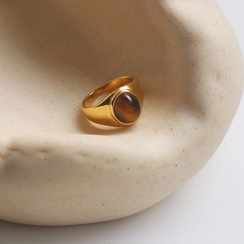Retro Oval Stainless Steel Plating Inlay Agate 18k Gold Plated Rings