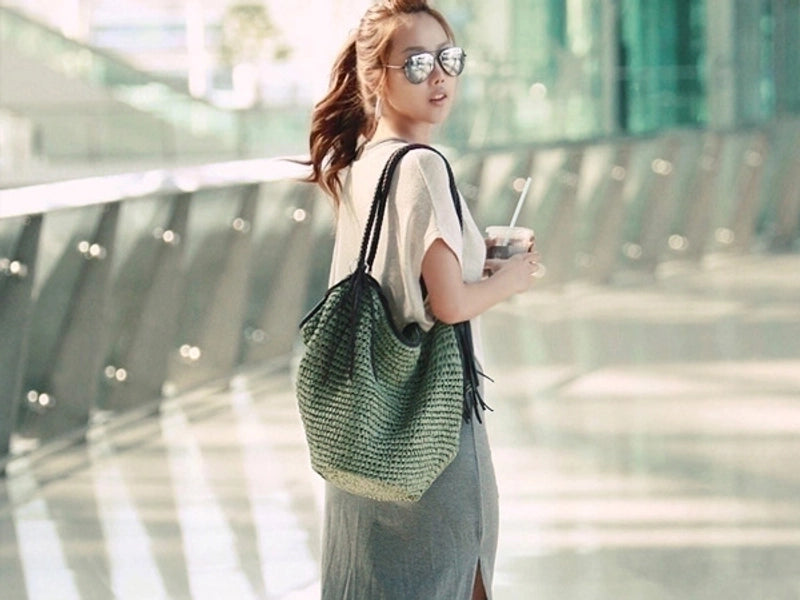 New Straw Simple Braided Tassel Shoulder Beach Bucket Women's Bag38*30*20cm