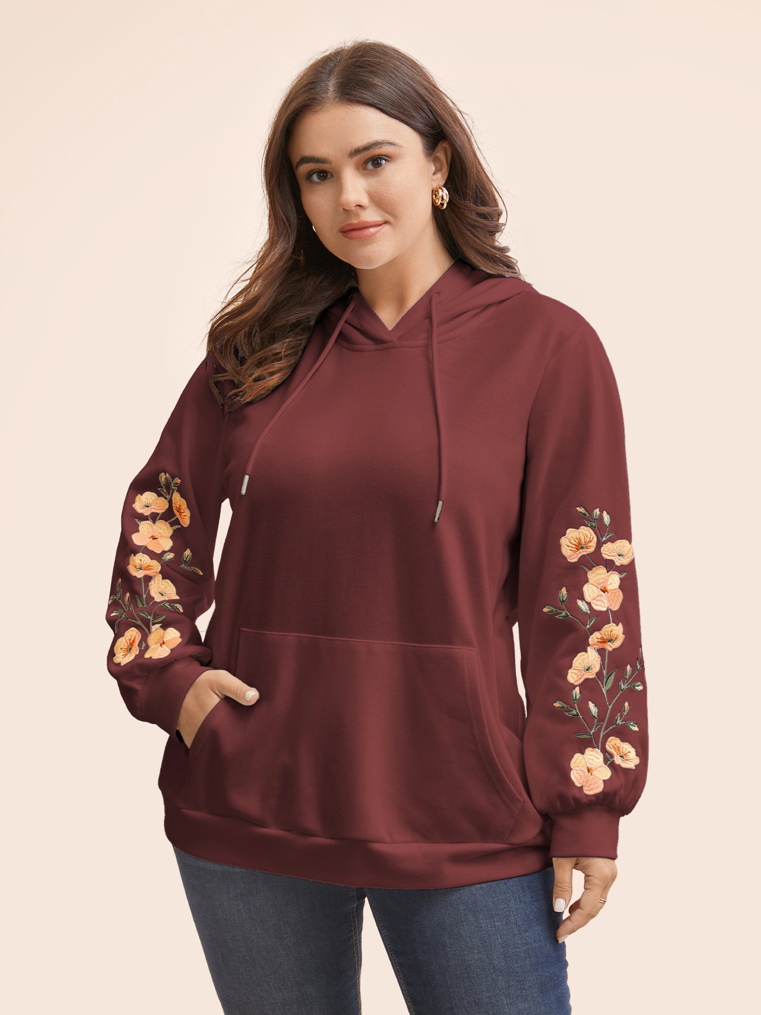 Floral Embroidered Hooded Drawstring Sweatshirt