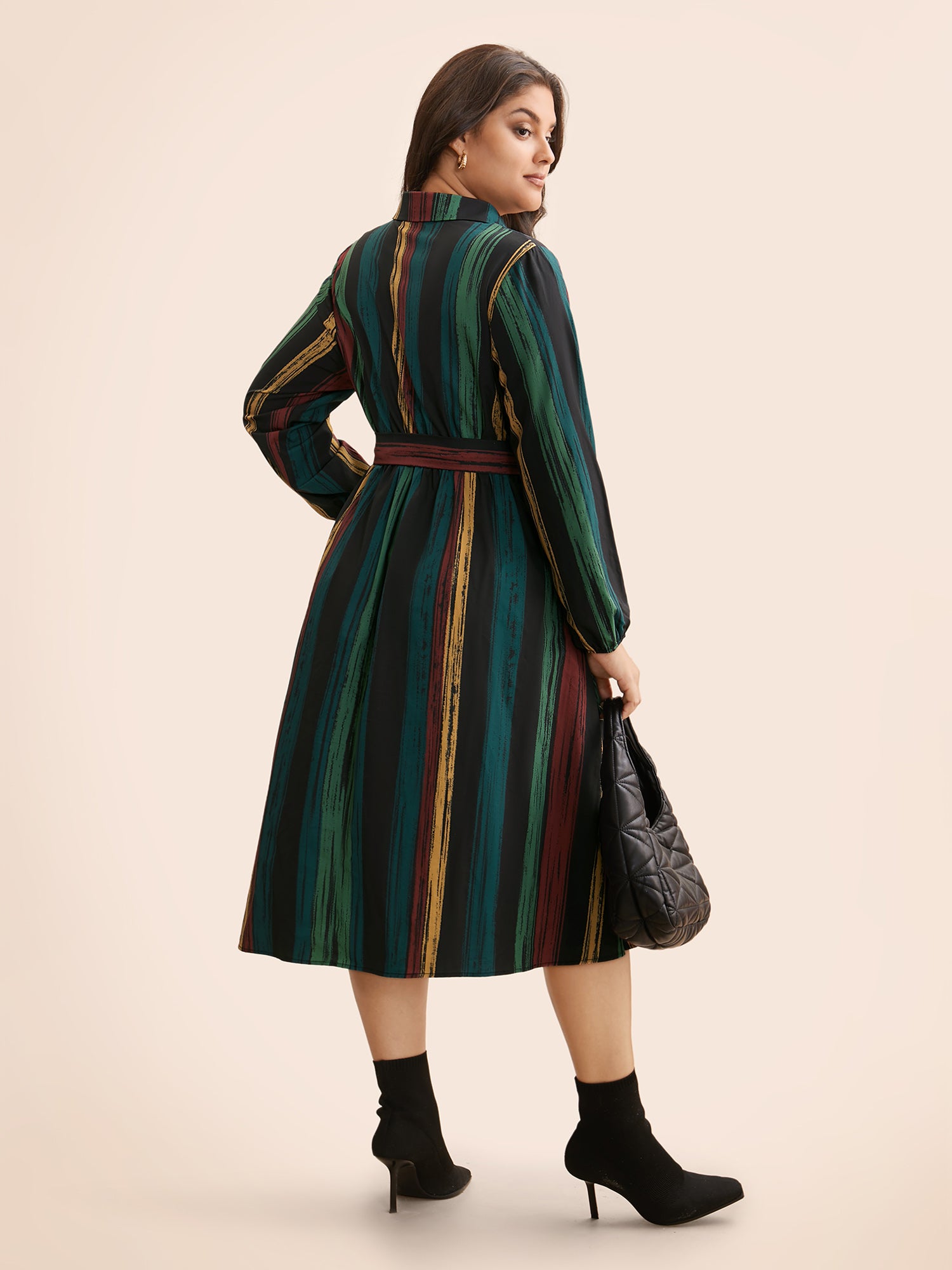 Colored Striped Belted Lantern Sleeve Dress