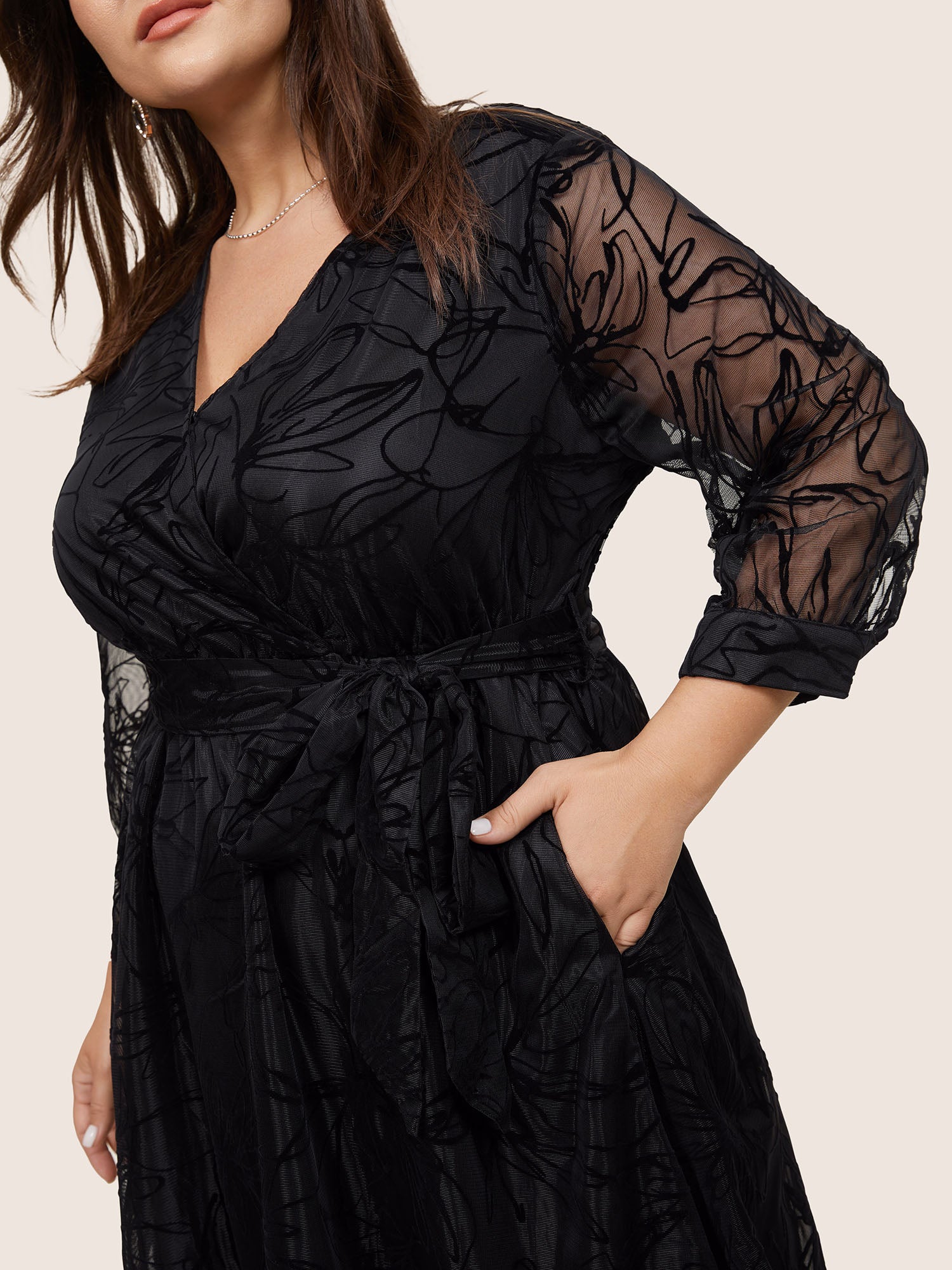 Floral Flocked Tulle Belted Dress
