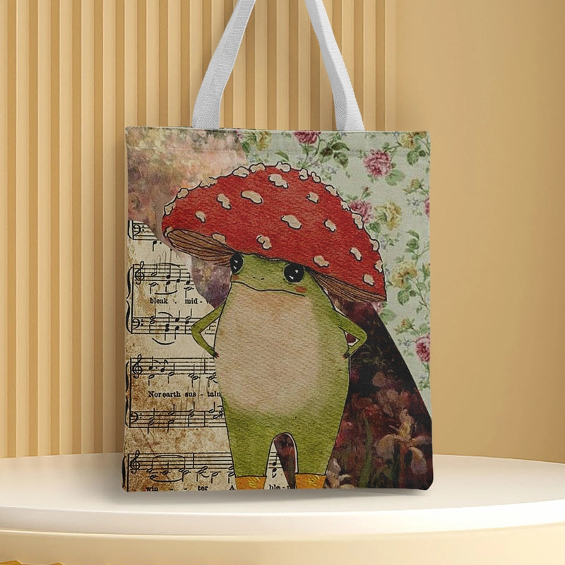 Women's Medium Canvas Frog Basic Classic Style Square Open Canvas Bag