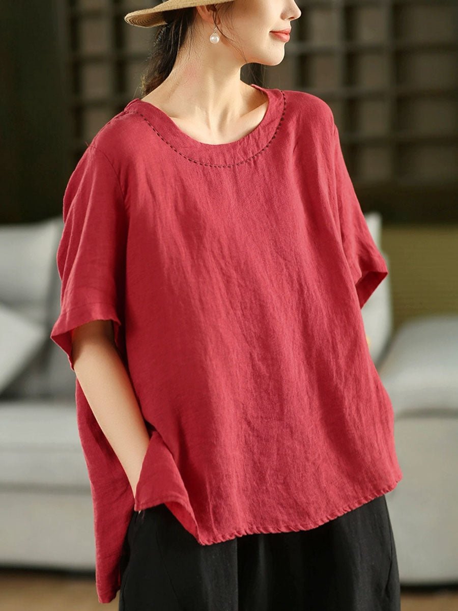 Women Summer Retro Pure Color O-Neck 100%Linen Shirt