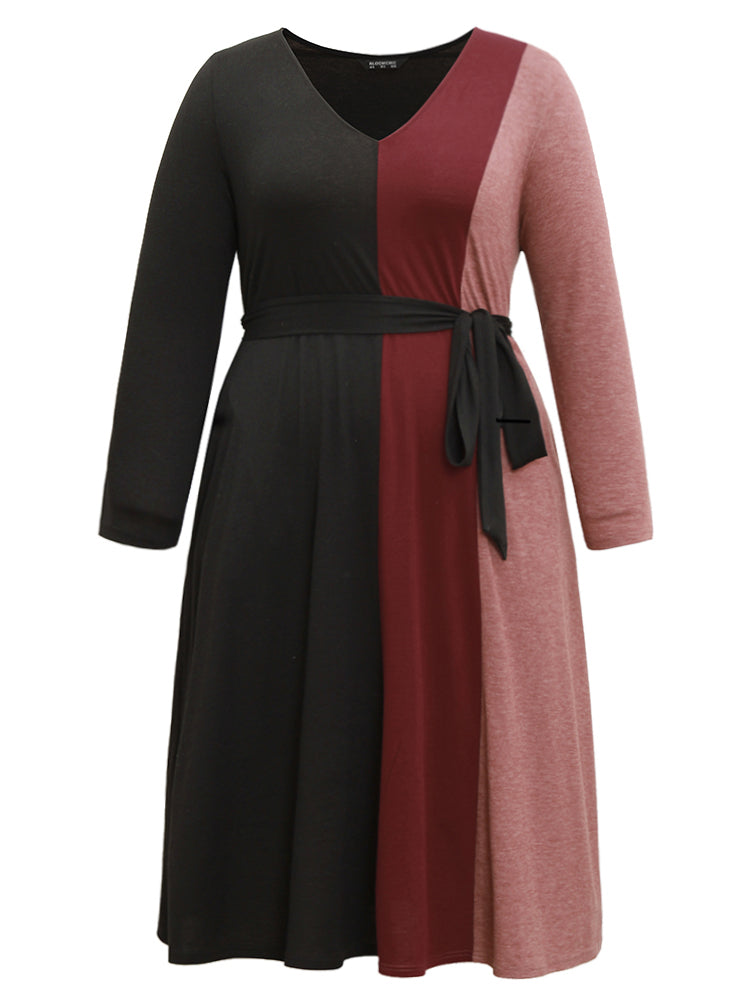 Colorblock Patchwork Belted Pocket Long Sleeve Dress