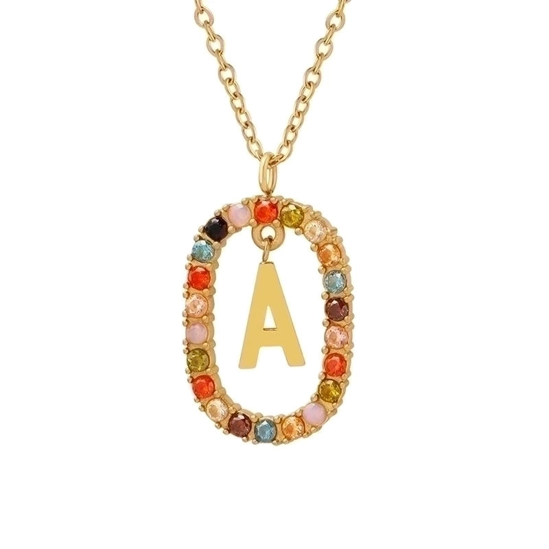 INS Style Letter Oval Titanium Steel Zircon 18K Gold Plated Inlay Necklace