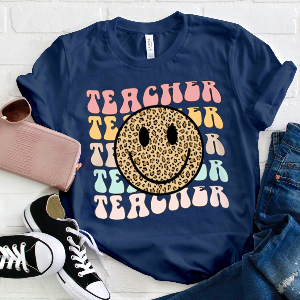 Leopard Print Smile Teacher Letters T-Shirt