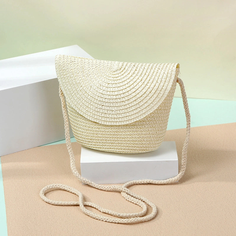 Women's Straw Solid Color Beach Weave Square Zipper Flip Cover Straw Bag